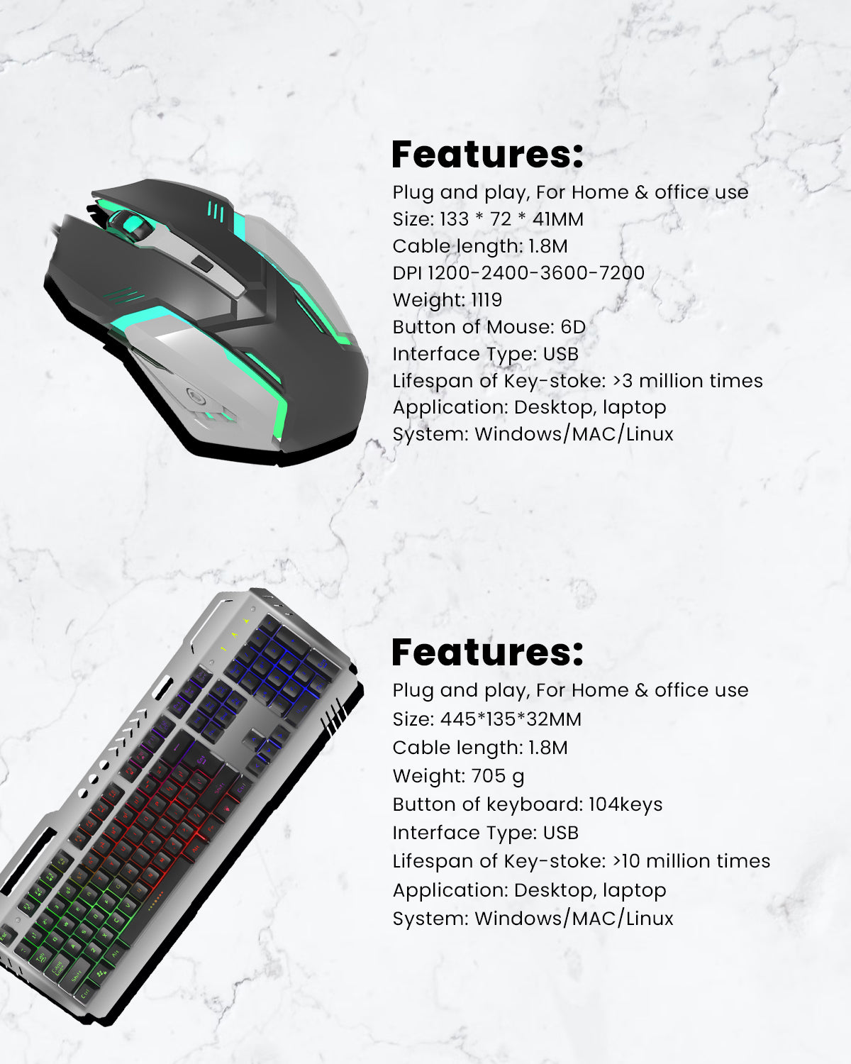 RAEGR RapidGear X70 Gaming KeyBoard with Mouse Combo | 3 Rainbow Lighting Modes