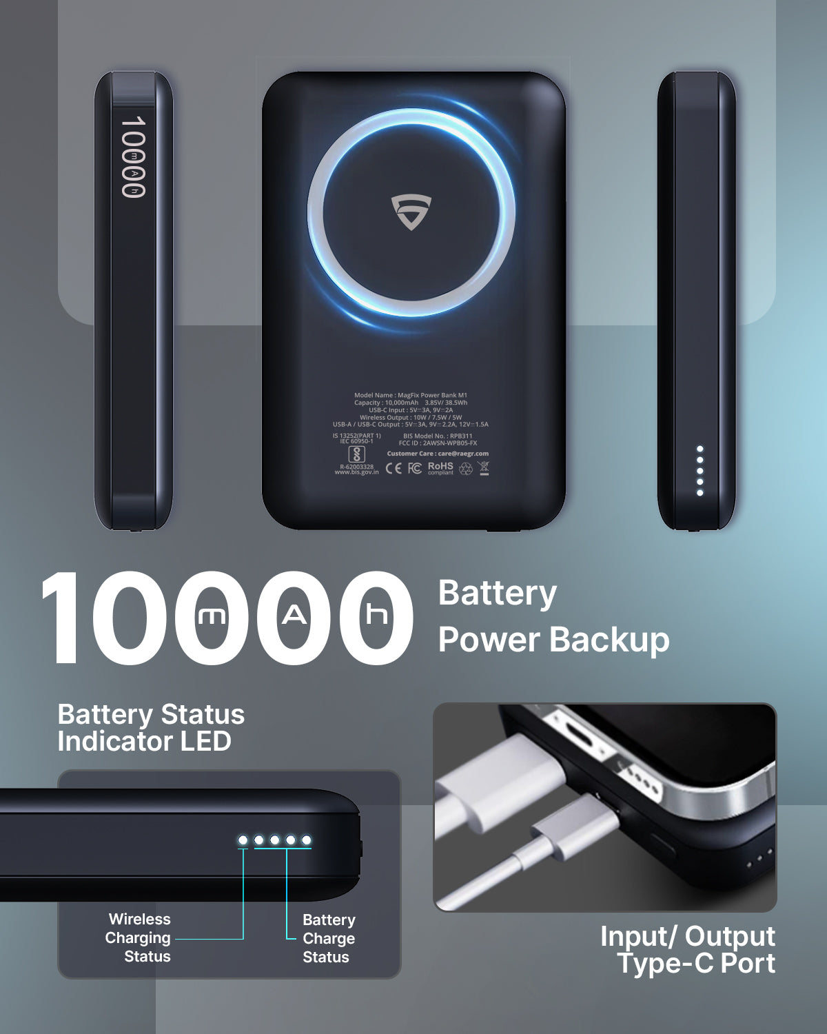 RAEGR 10000mAh MagFix M1 Wireless Power Bank with 20W Type-C Cable
