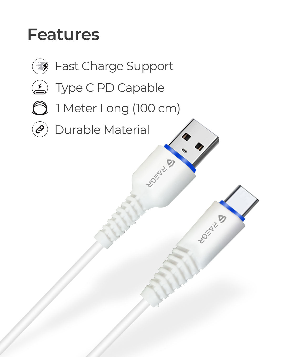 RAEGR RapidLine USB Type-A to Type-C Cable, (1M/3.3ft)-(Pack of 3)