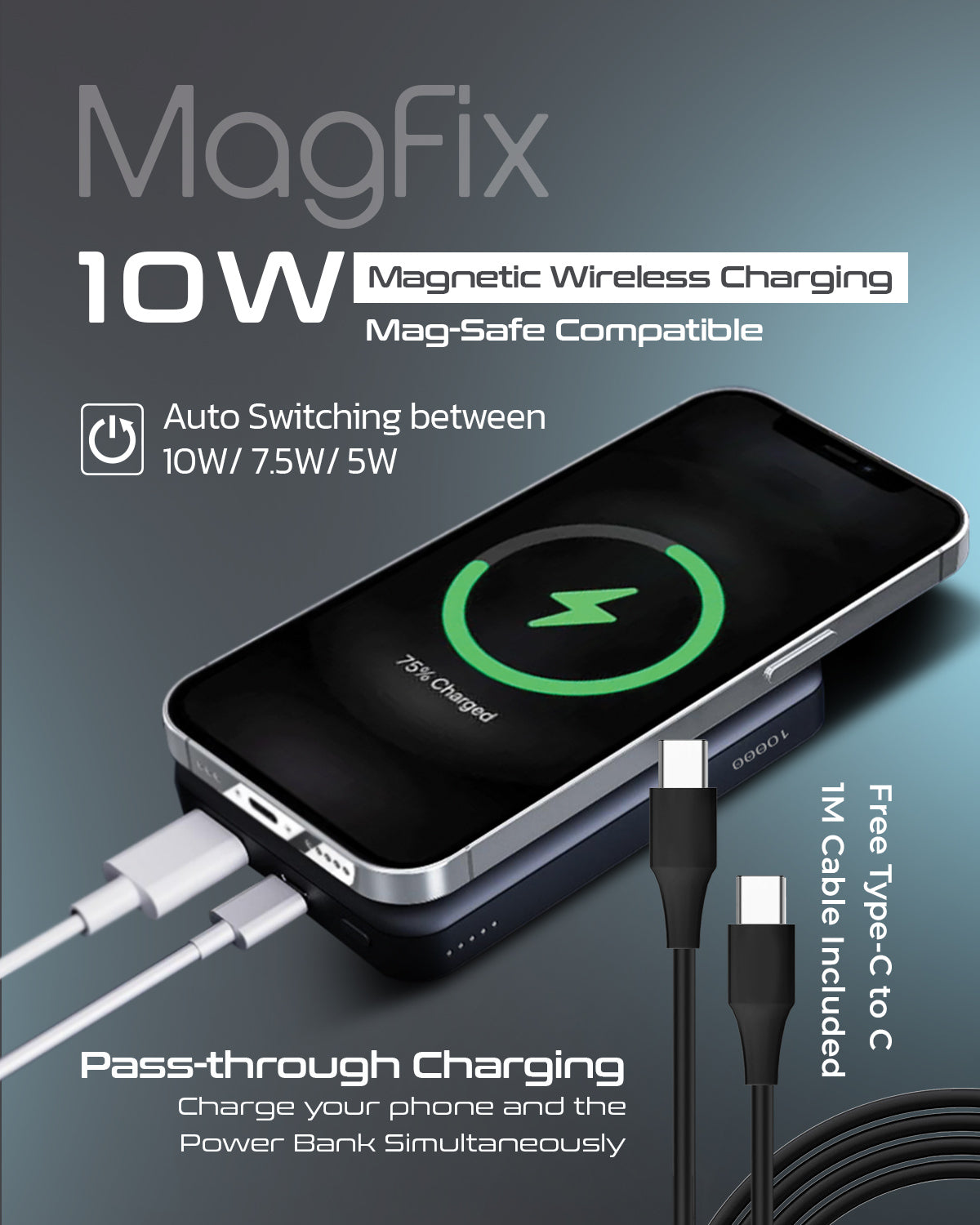 RAEGR 10000mAh MagFix M1 Wireless Power Bank with 20W Type-C Cable