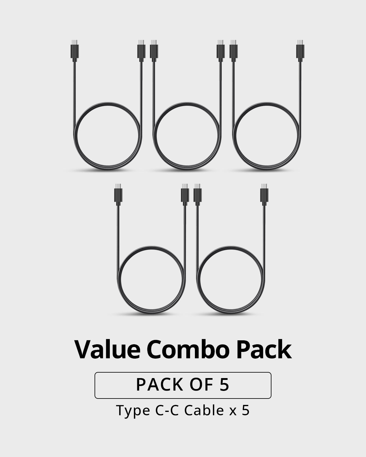 RAEGR RapidLine USB Type-C to Type-C Cable Combo, (1M/3.3ft)-(Pack of 5)