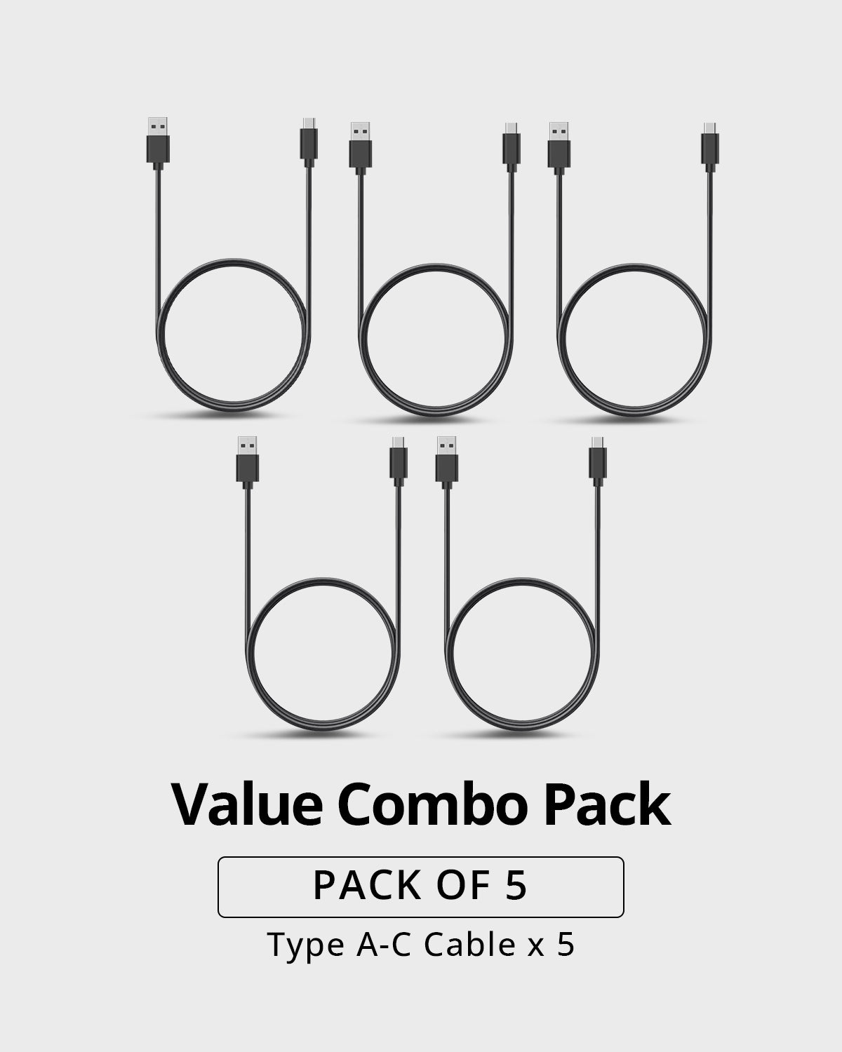 RAEGR RapidLine USB Type-A to Type-C Cable, (1M/3.3ft)-(Pack of 5)