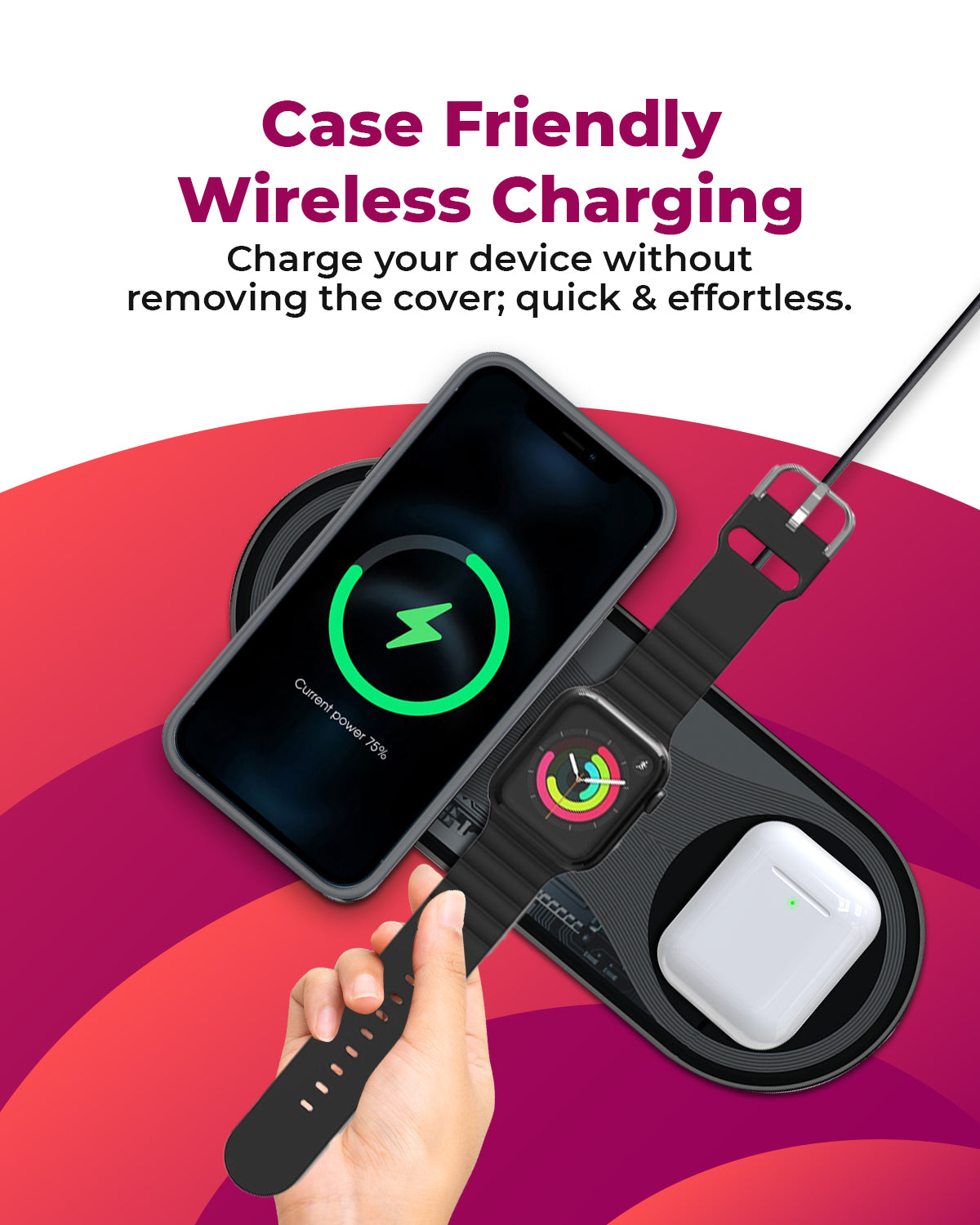 RAEGR Arc 1380 15W [3-in-1] Triple Wireless Charging Pad Trio Mat [with 2 Type-C PD Cables]