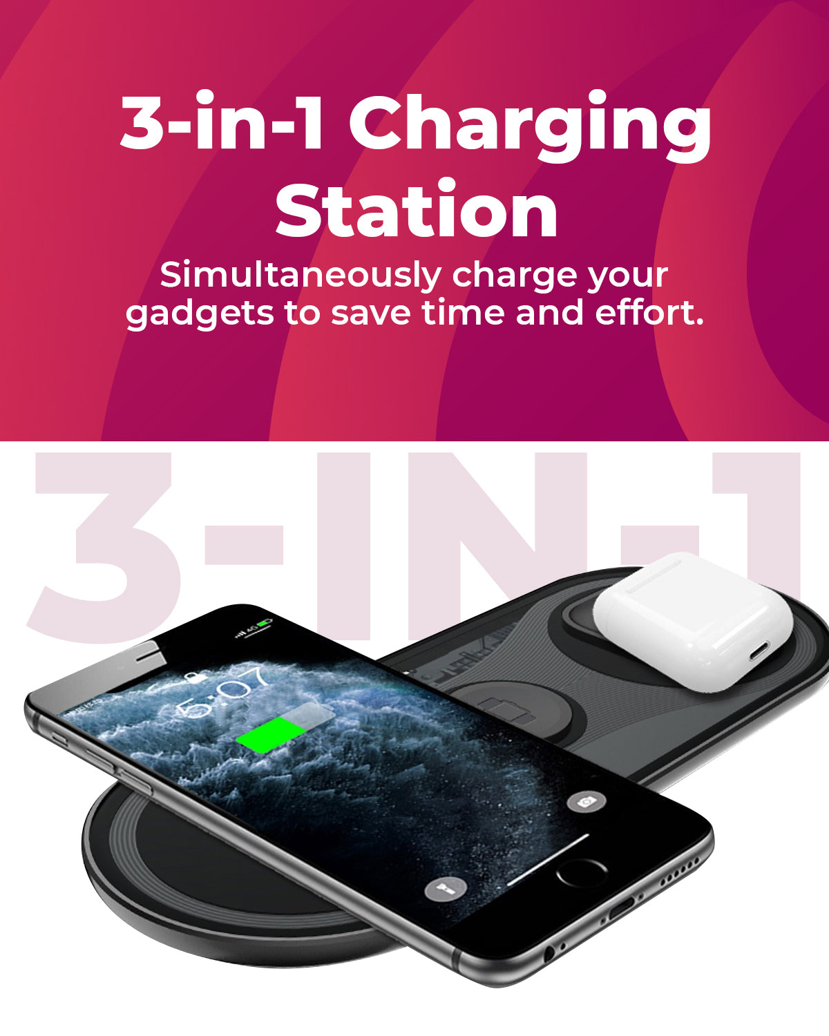 RAEGR Arc 1380 15W [3-in-1] Triple Wireless Charging Pad Trio Mat [with 2 Type-C PD Cables]