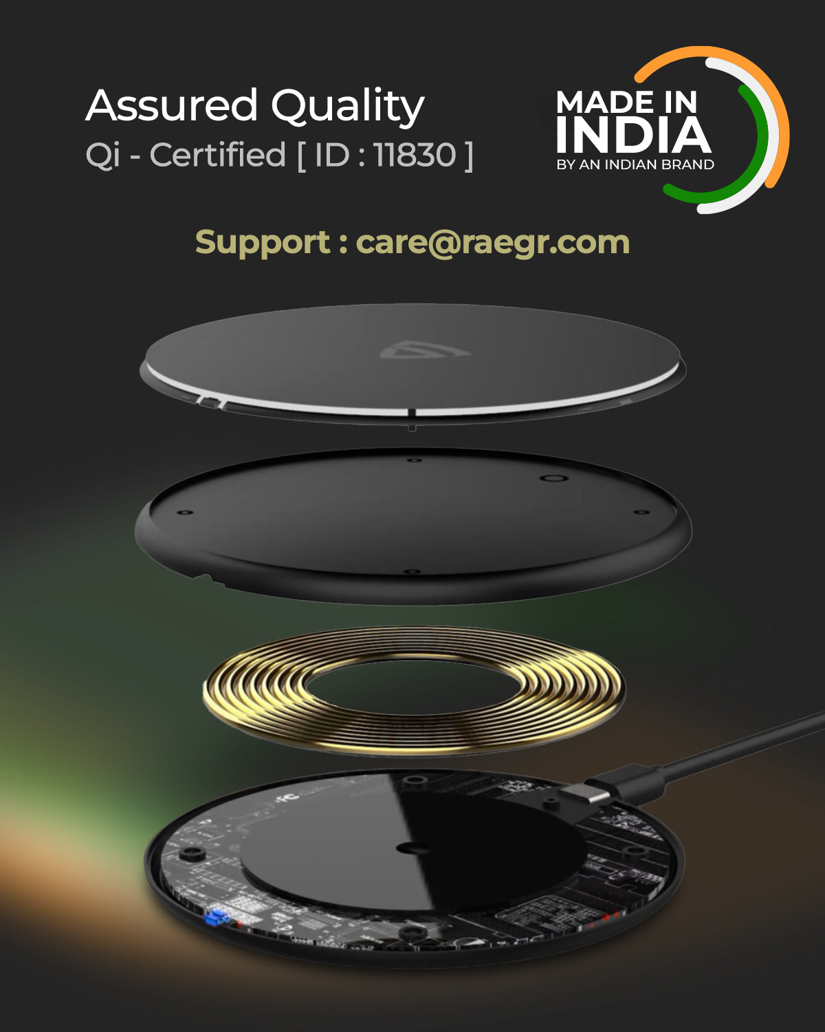 RAEGR Arc 400 Pro Qi Certified Type-C PD 15W Wireless Charger | Charging Pad (MADE IN INDIA)