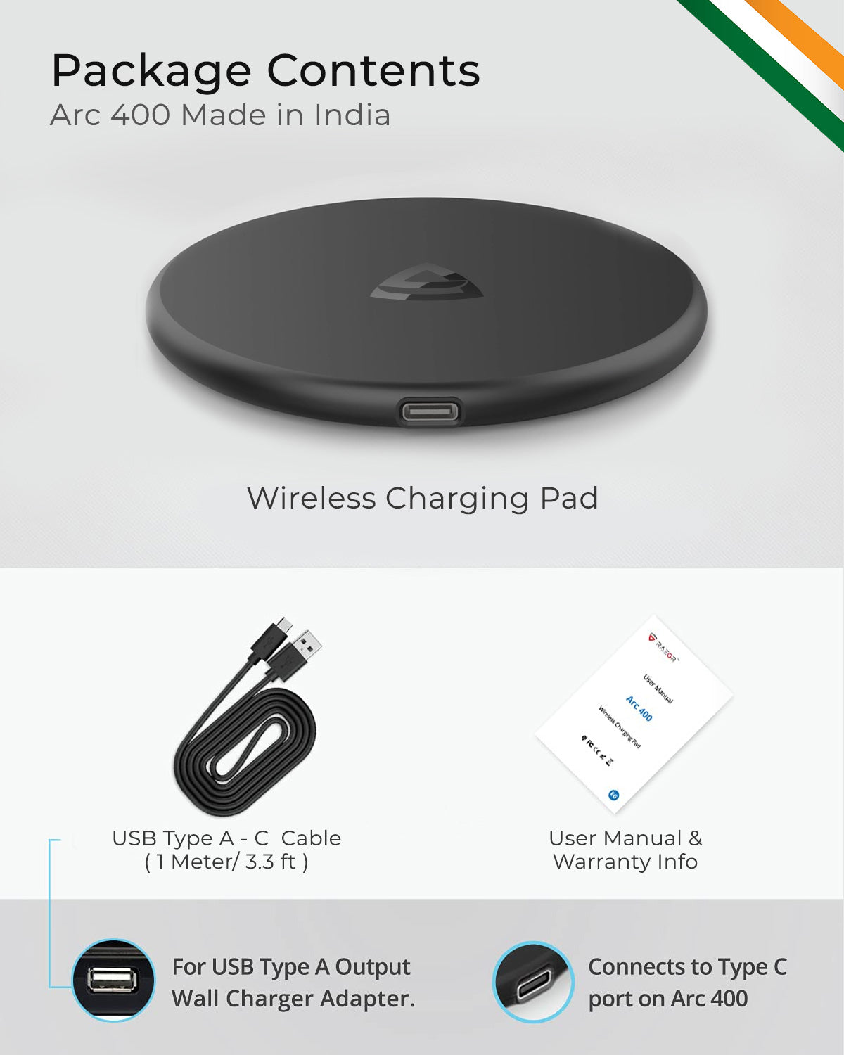 RAEGR Arc 400 Pro Qi Certified Type-C PD 15W Wireless Charger | Charging Pad (MADE IN INDIA)