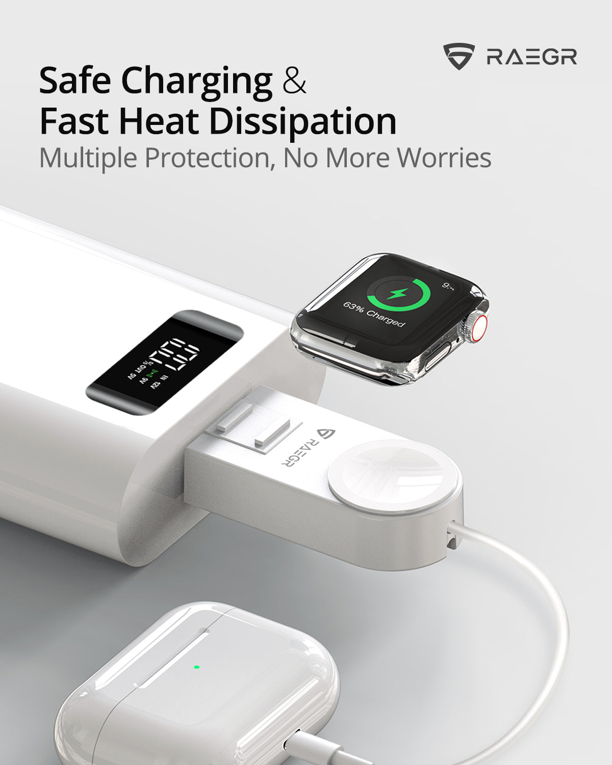 RAEGR Arc 450 Portable Apple Watch Wireless Charger With Apple Cable For AirPods IPhones