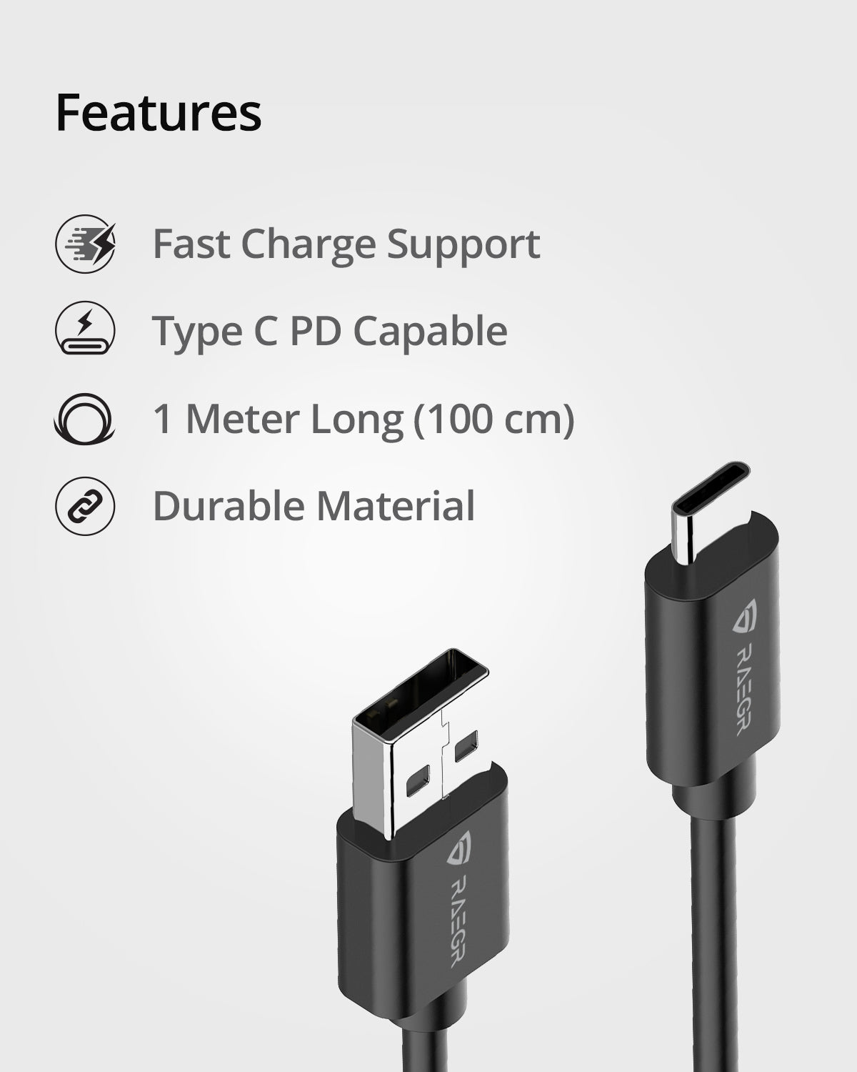 RAEGR RapidLine USB Type-A to Type-C Cable, (1M/3.3ft)-(Pack of 3)