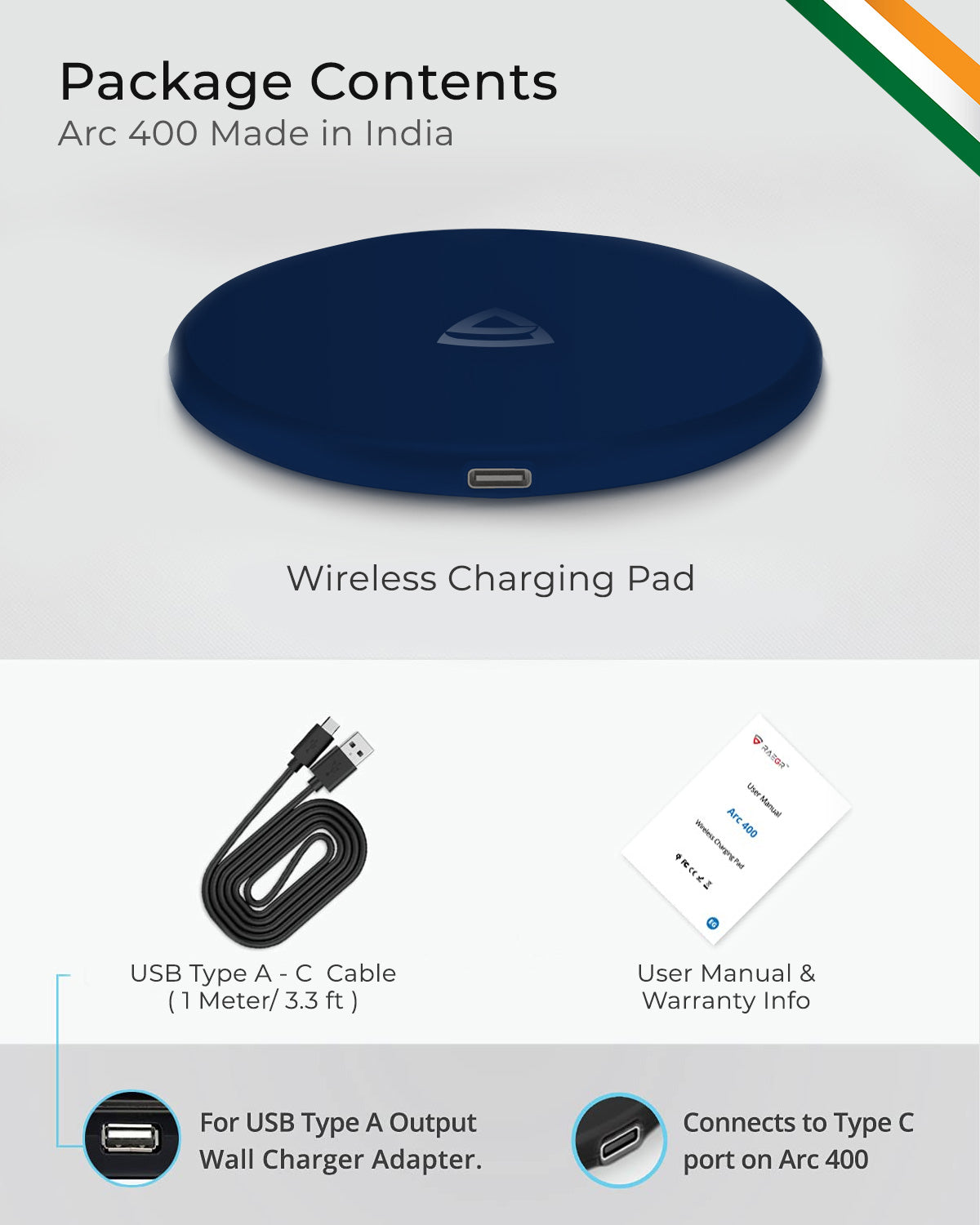 RAEGR Arc 400 Pro Qi Certified Type-C PD 15W Wireless Charger | Charging Pad (MADE IN INDIA)