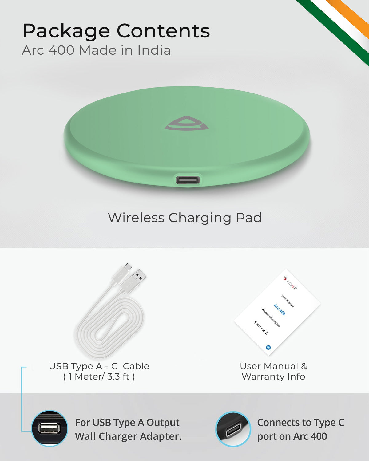 RAEGR Arc 400 Pro Qi Certified Type-C PD 15W Wireless Charger | Charging Pad (MADE IN INDIA)