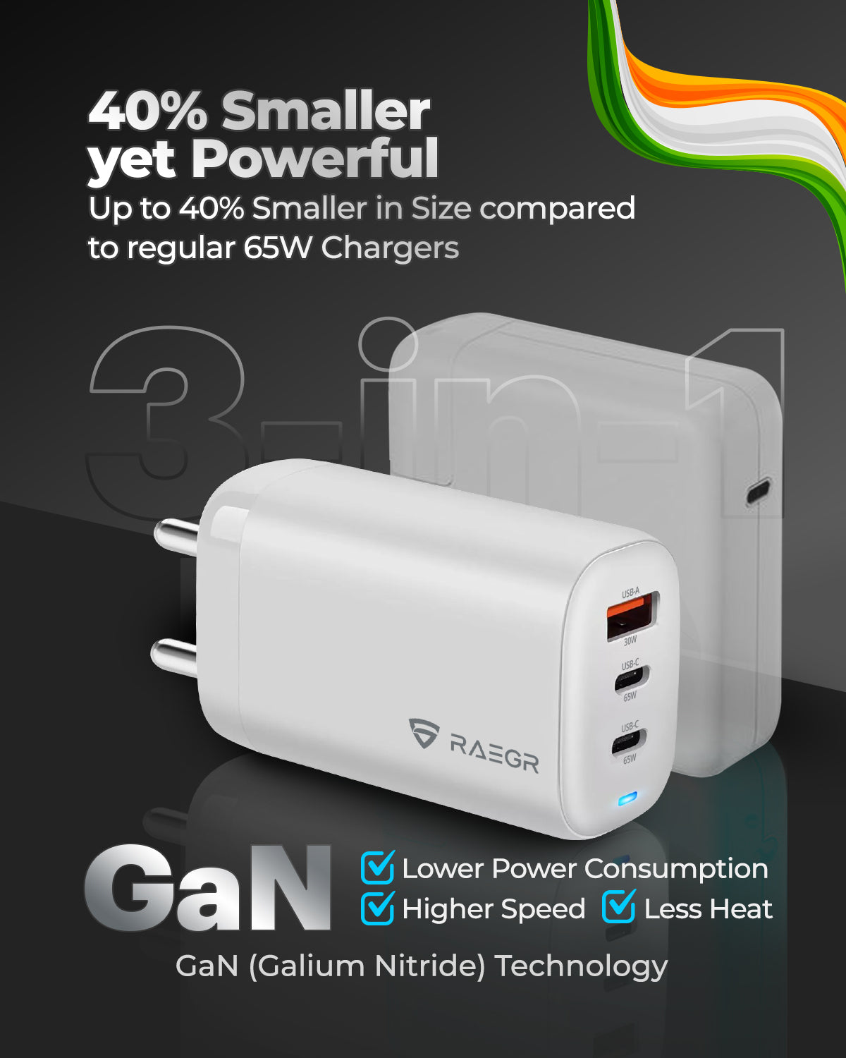 RAEGR RapidLink 1160, 65W GaN Fast Charger Adapter with Type C Cable