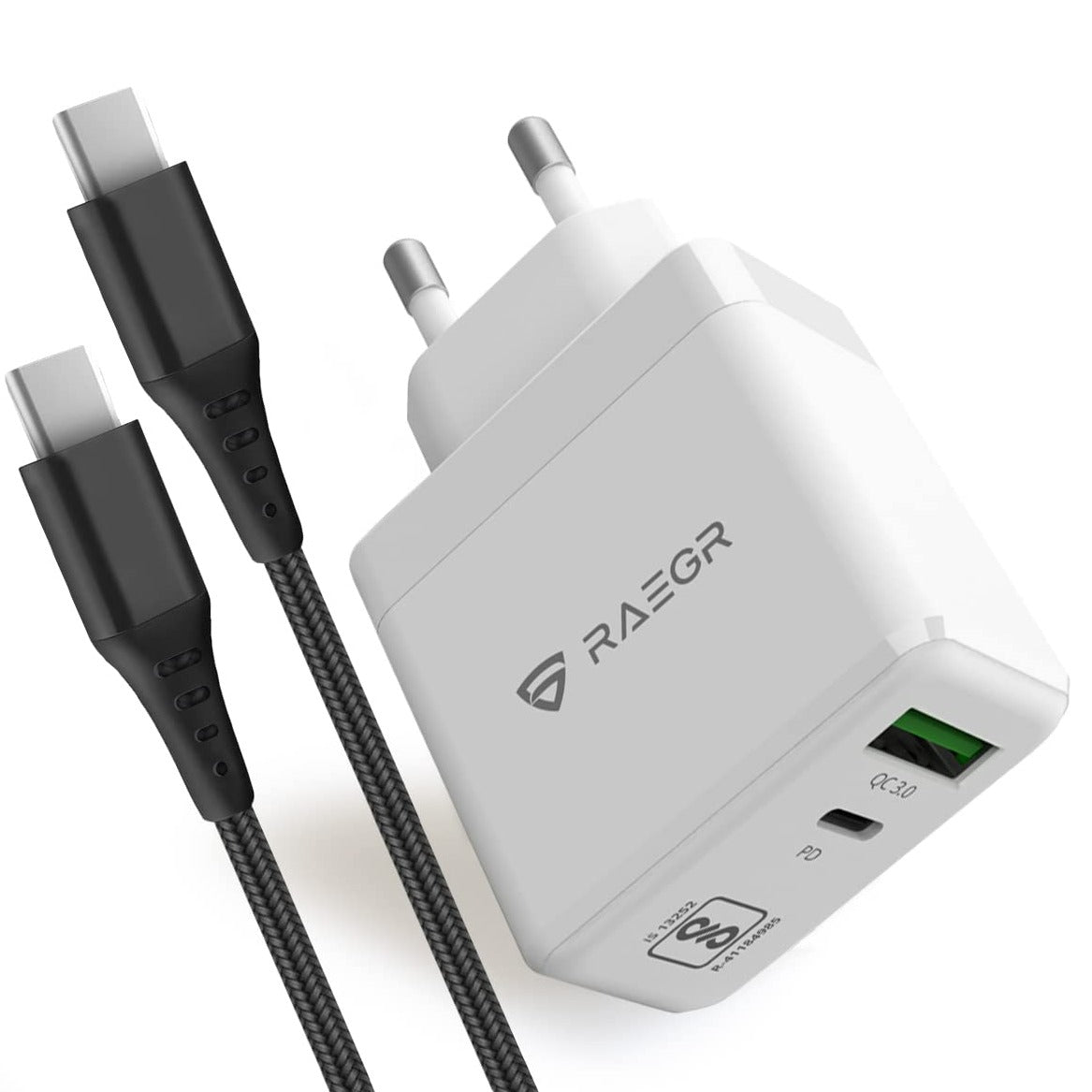 RAEGR RapidLink 1150 65W PD+QC GaN Adapter with  Included 60W USB Type-C to C Braided Cable