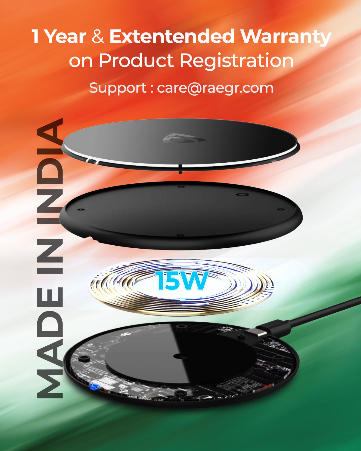 RAEGR Arc 400 Pro Qi Certified Type-C PD 15W Wireless Charger | Charging Pad (MADE IN INDIA)