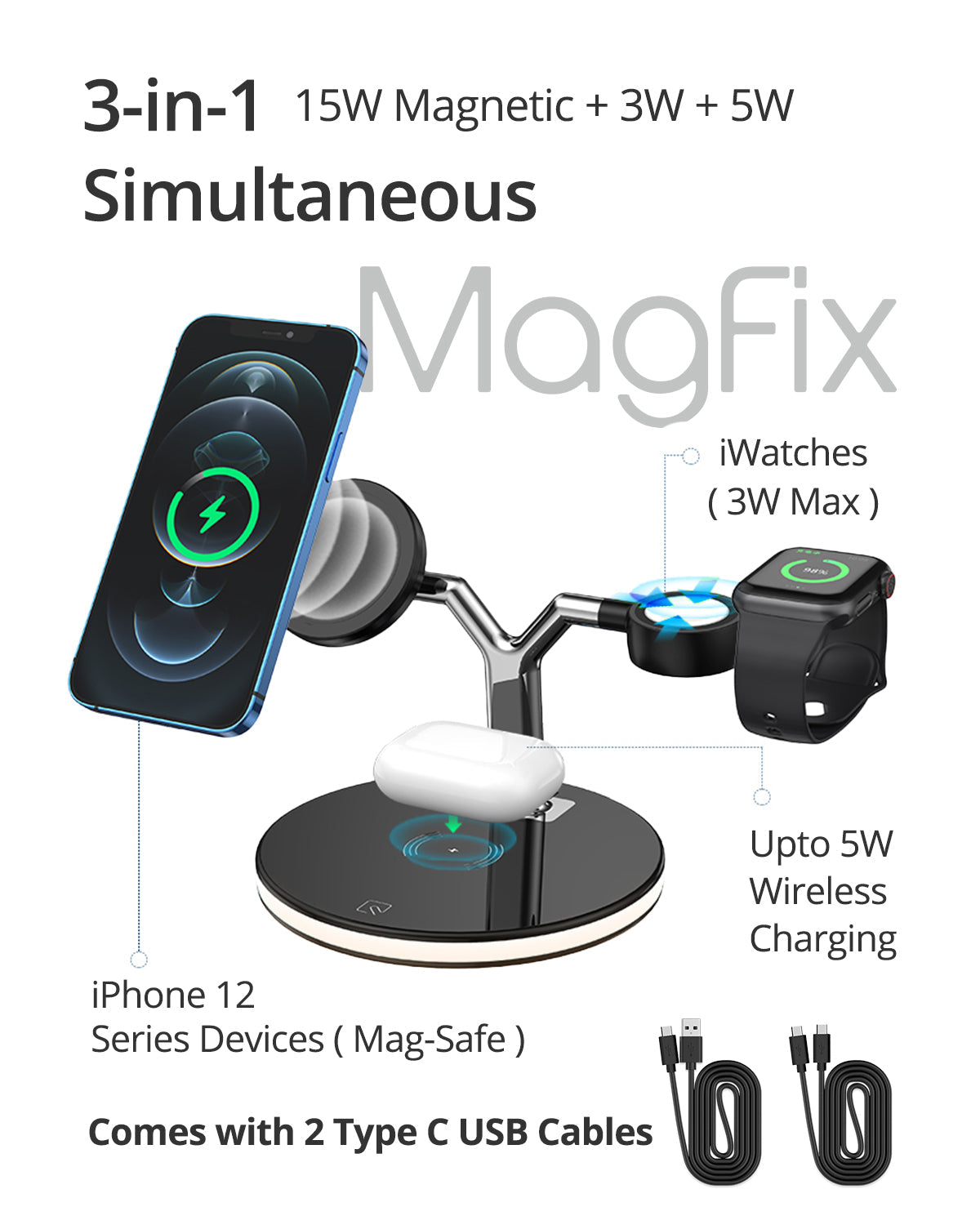 RAEGR MagFix Trio Arc M1700 MagSafe Compatible Wireless Charging Station (3 in1)
