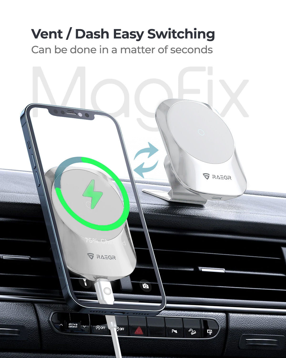 RAEGR MagFix Arc M1450A 15W Car Magnetic Wireless Charger with Air Vent & Dashboard Holder Compatible with iPhone 12 & 13 Series
