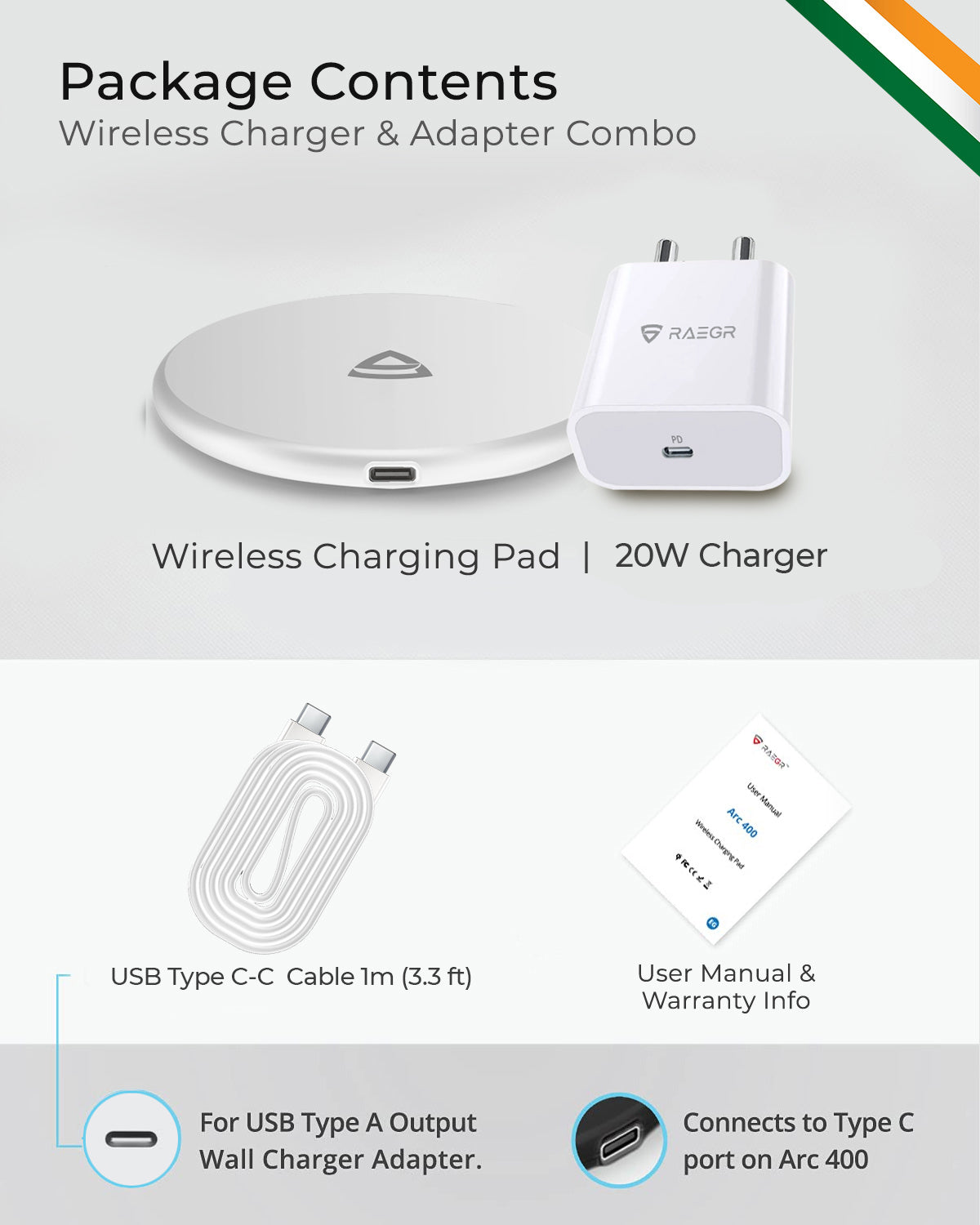 RAEGR Arc 400 Pro 15W Qi-Certified Wireless Charger + 20-PD Adapter + Type C-C Cable