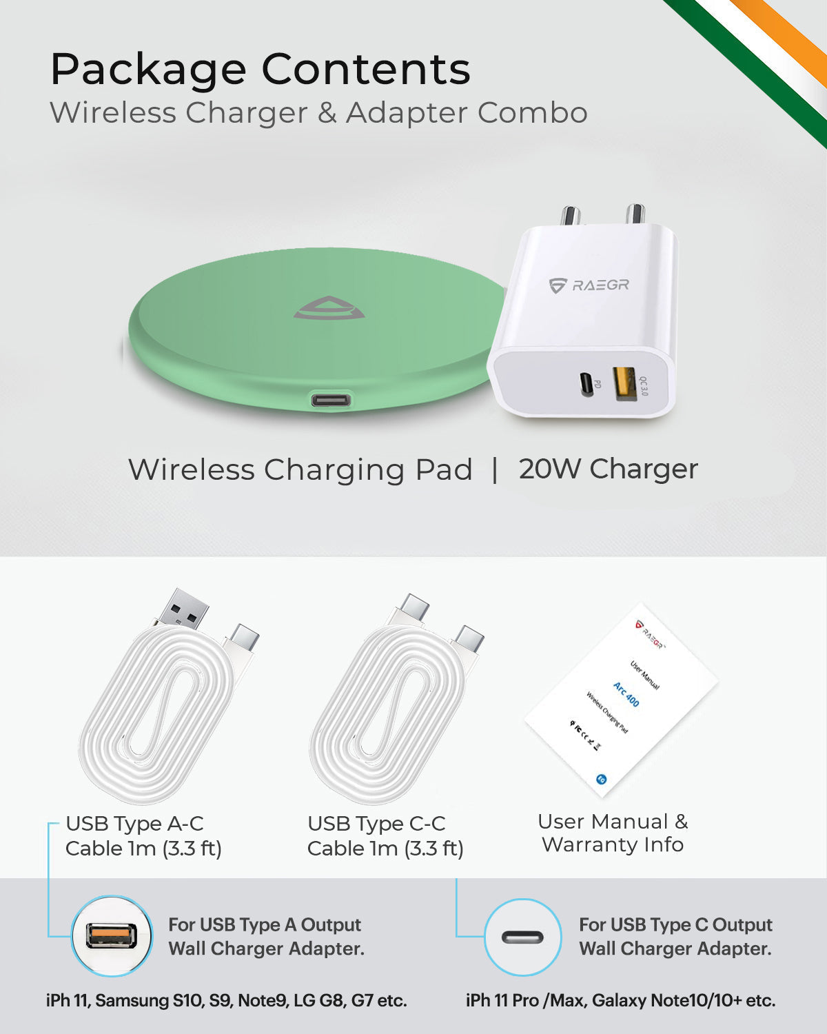 RAEGR Arc 400 Pro Qi Certified Charging Pad 15w [20wPD + 18W QC Adapter] With 2 Type-C Cables [MADE IN INDIA]