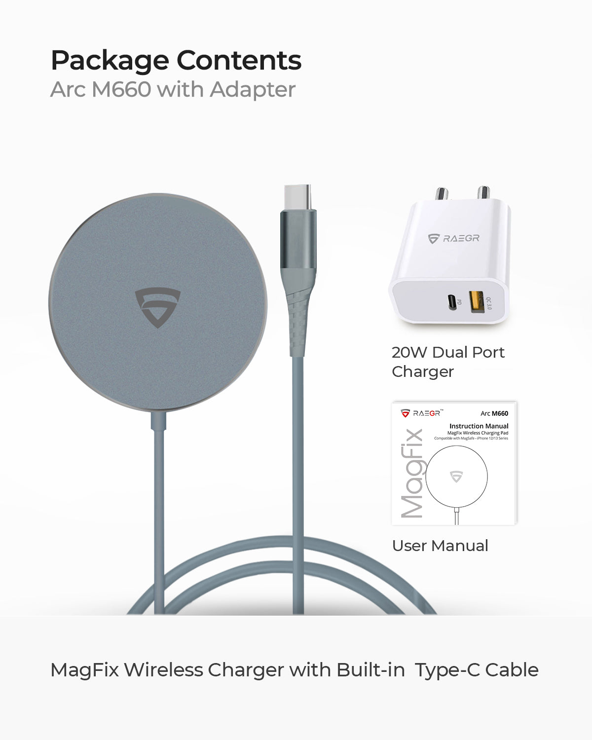 RAEGR MagFix Arc M660 15w Charger  [20w PD Adapter] [MADE IN INDIA]