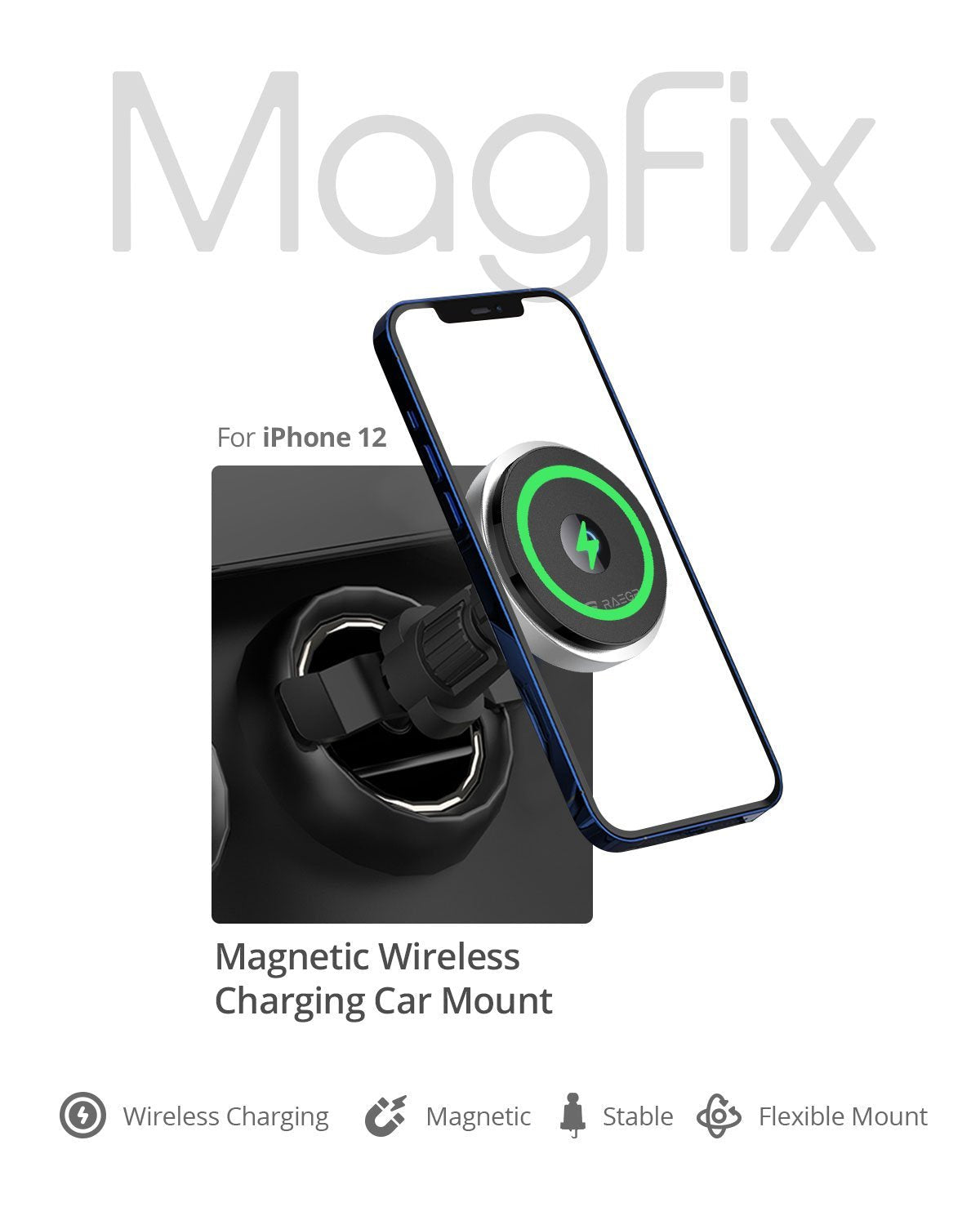 RAEGR MagFix Arc M1300 15W Mag-Safe Wireless Car Charger / Wireless Charging Magnetic Mount