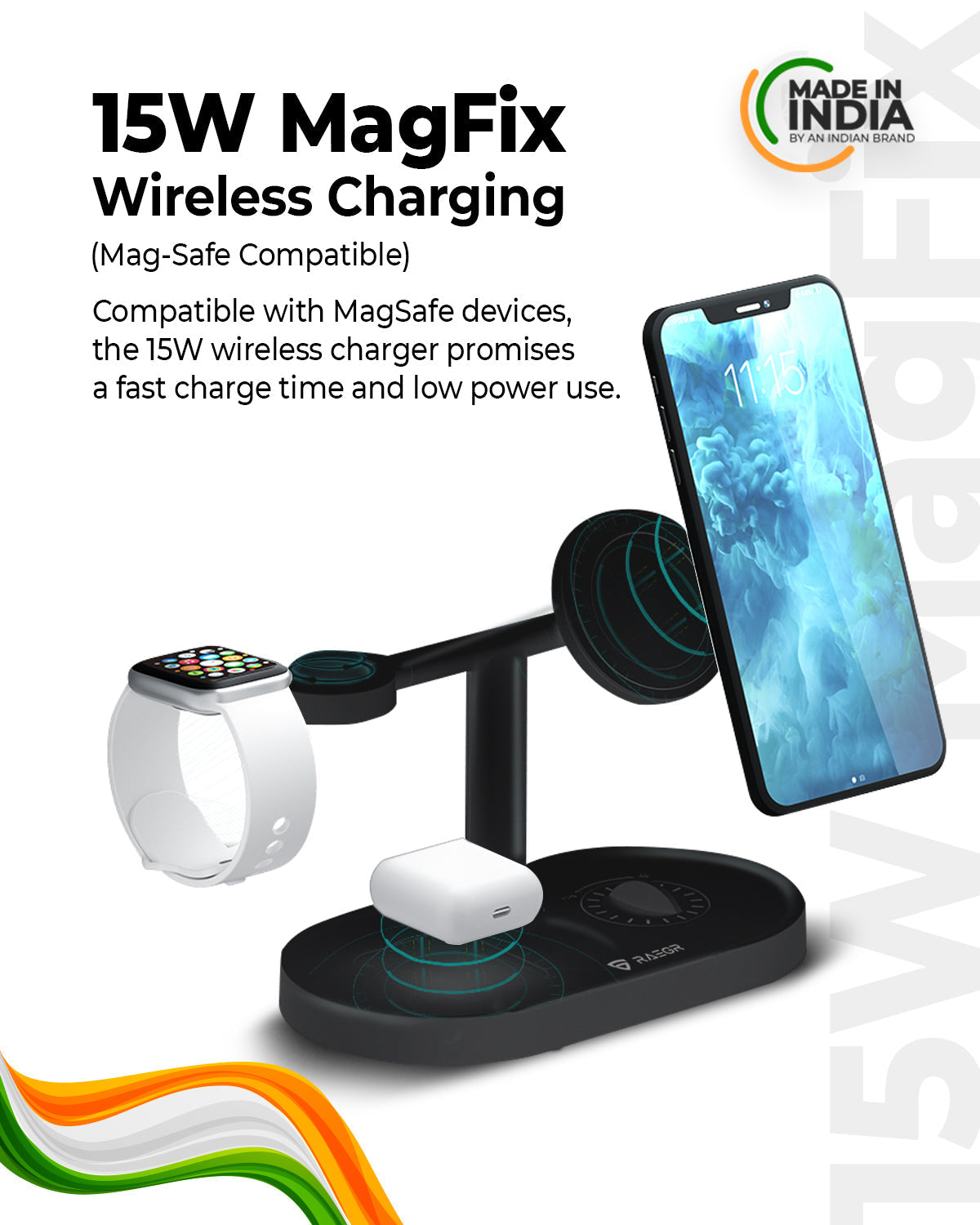 RAEGR MagFix Arc M1400 [3 in 1] 15W Mag-Safe Wireless Charging Station | Made in India